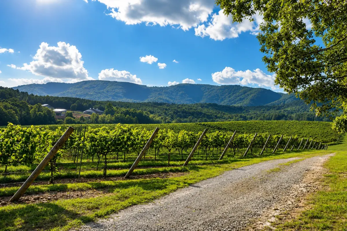 Rows of grapevines at a Yadkin Valley vineyard with Blue Ridge foothills in the distance